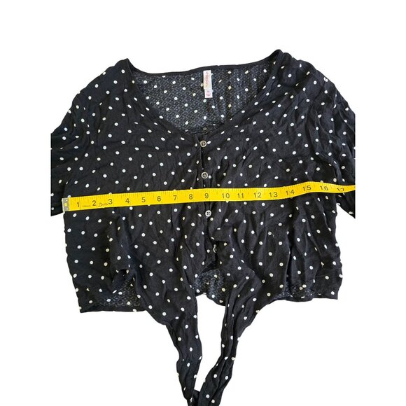 Xhilaration Womens Polka Dot Black Button-Up Tie-Waist Top Flowy Flare Sleeves - Picture 5 of 5